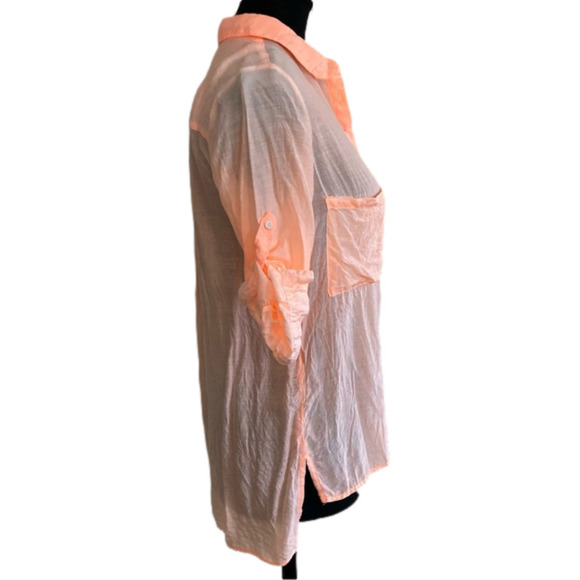 BERSHKA Sunny Days & Me neon orange sheer button down silk blend shirt. Size M - Picture 2 of 7